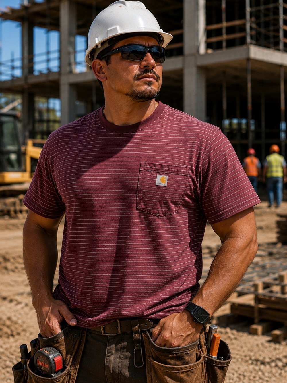 Carhartt Men’s Large Heavyweight Burgundy Striped Pocket Tee Sturdy Soft Cotton